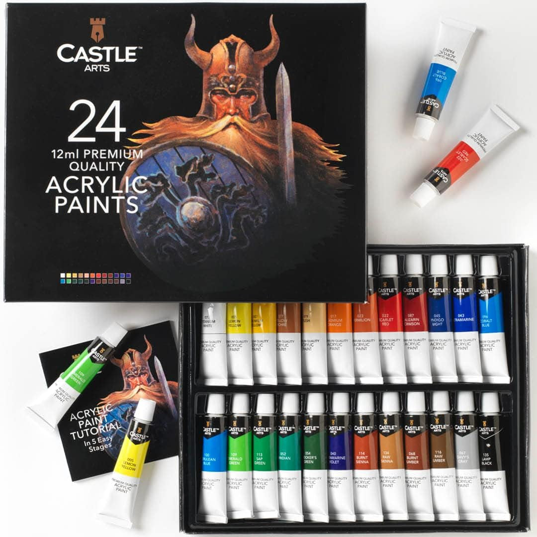 Castle Art Supplies 24 X 12Ml Acrylic Paints Tubes Set for Adults Artists Beginners | a Perfect Mix of Quality and Versatility - Vivid Colours - Easy to Blend and Good Coverage on Paper Canvas Wood or Fabric