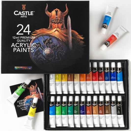 Castle Art Supplies 24 X 12Ml Acrylic Paints Tubes Set for Adults Artists Beginners | a Perfect Mix of Quality and Versatility - Vivid Colours - Easy to Blend and Good Coverage on Paper Canvas Wood or Fabric