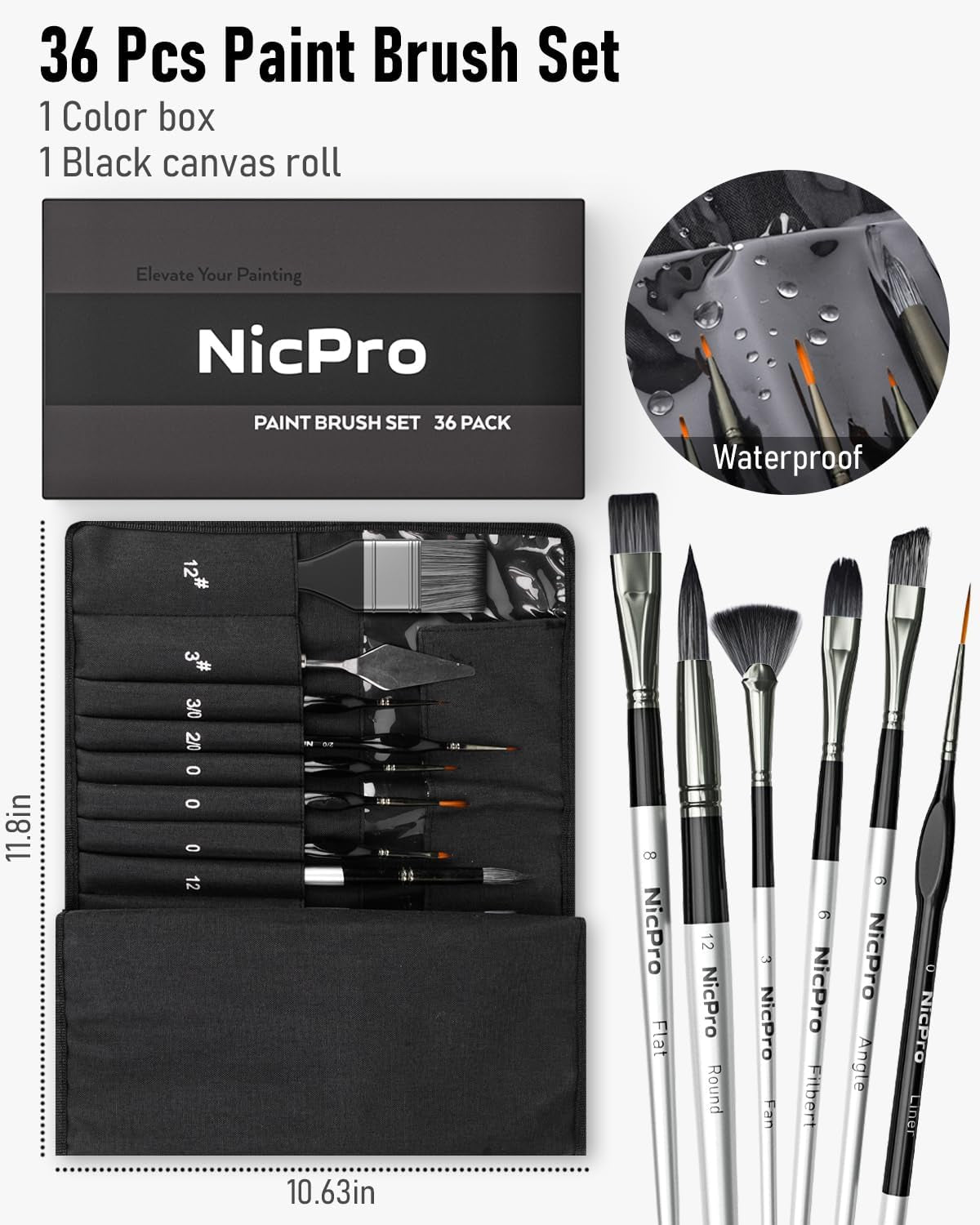 Nicpro 36Pcs Paint Brush Set, Professional Paintbrushes with Cloth Roll, Suitable for Artists and Beginners for Acrylic Painting, Oil, Watercolour, Gouache