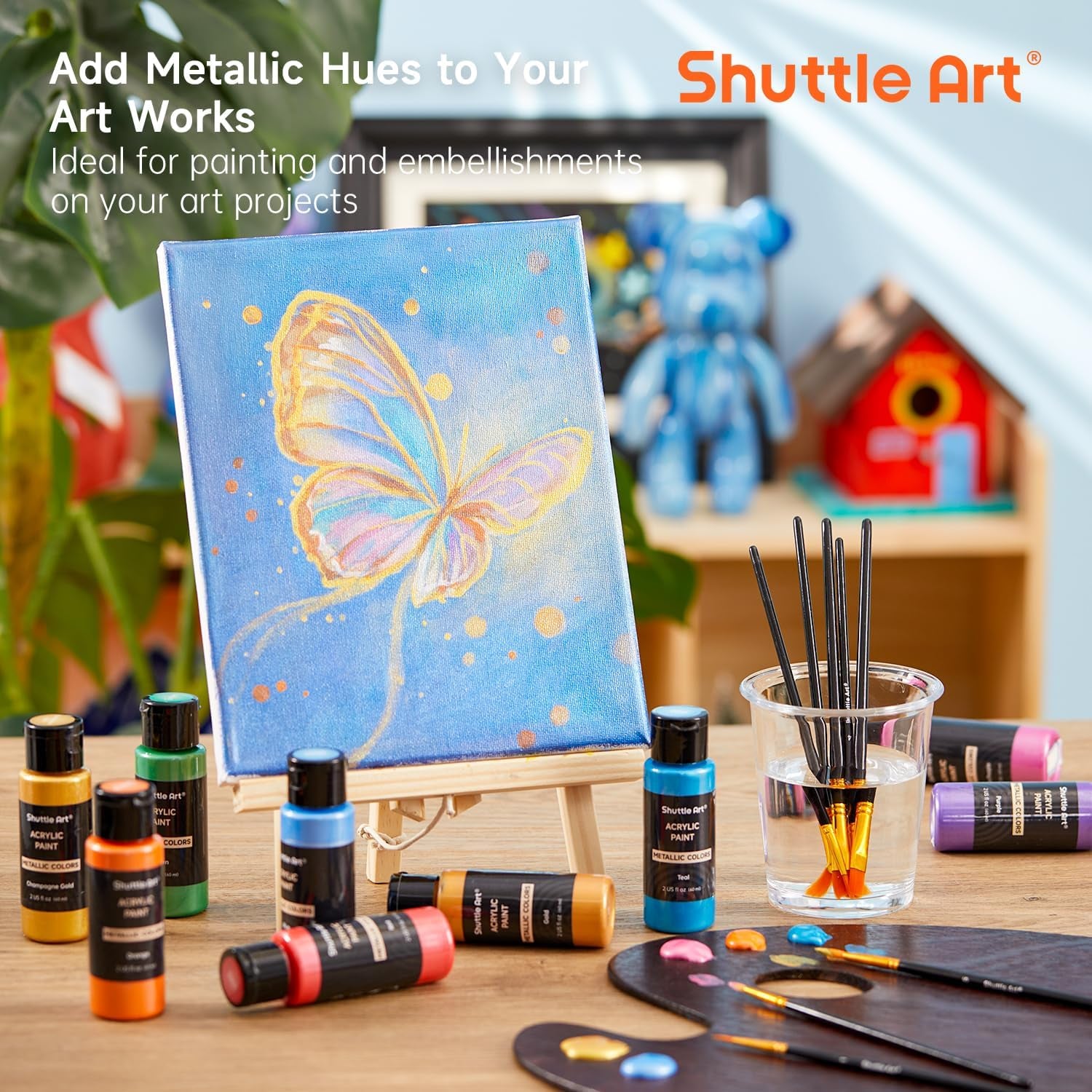 Shuttle Art 20-Colour Metallic Acrylic Paint Set + Brushes & Palette