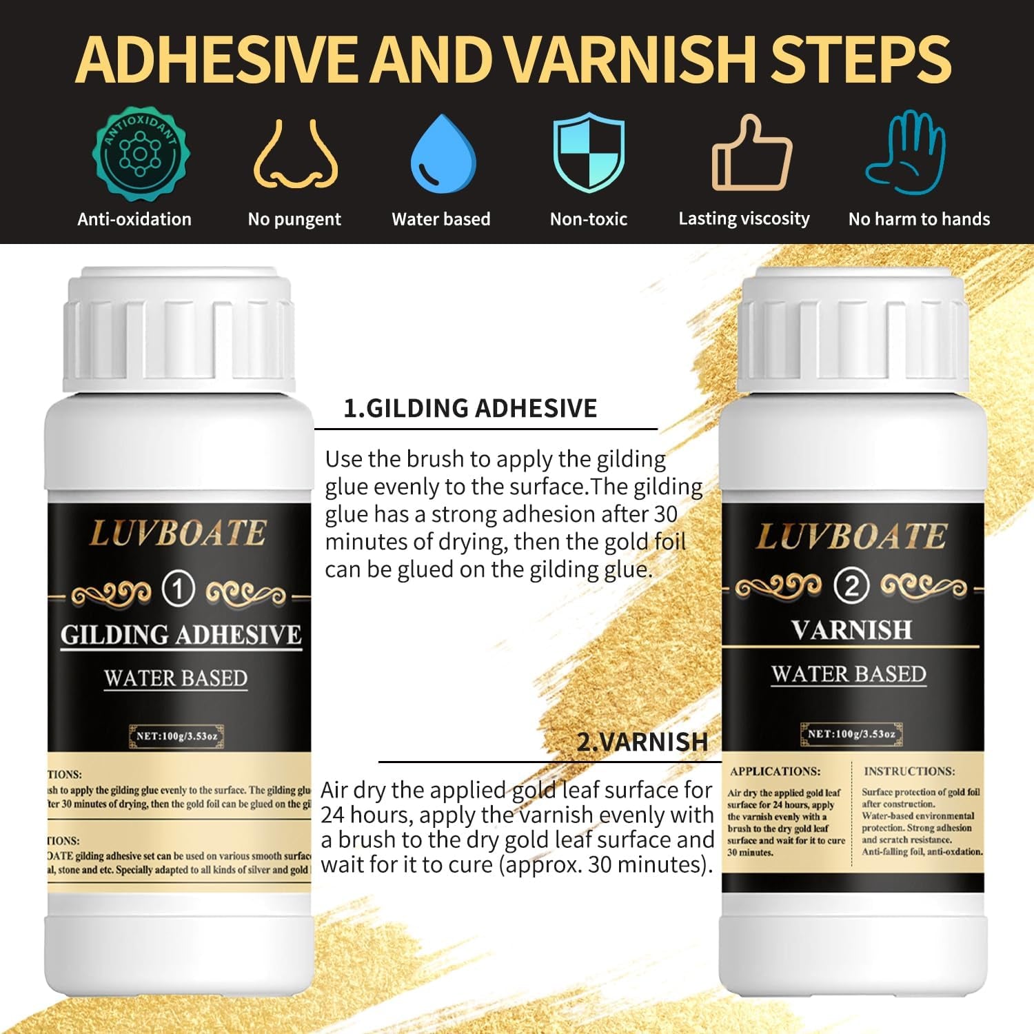 LUVBOATE Gold Leaf Gilding Kit – Complete 100-Piece Set with Adhesive, Varnish & Tools