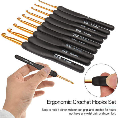 Aeelike Crochet Hooks Sets for Beginners, Ergonomic Crochet Hooks Set for Arthritic Hands, Metal Crochet Needles Easy Grip Soft Rubber Handle 9 Pack UK Size, Travel Crochet Hook Set with Case