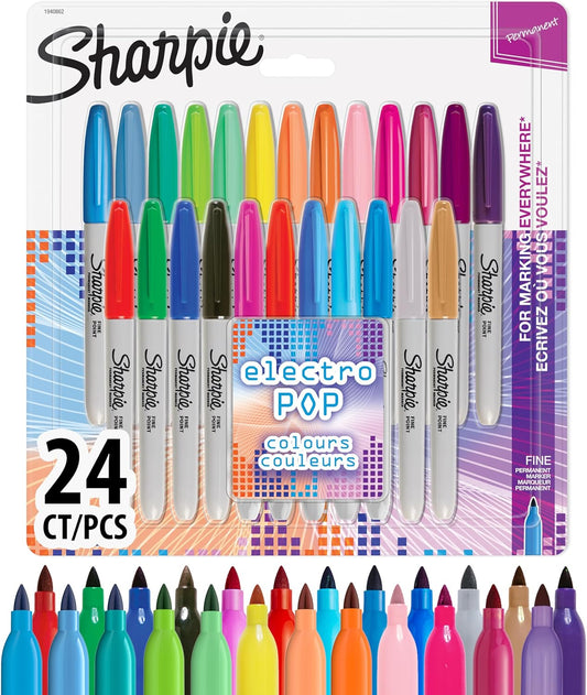 Sharpie Permanent Markers | Fine Point for Bold Details | Electro Pop & Assorted Original Colours | 24 Marker Pens