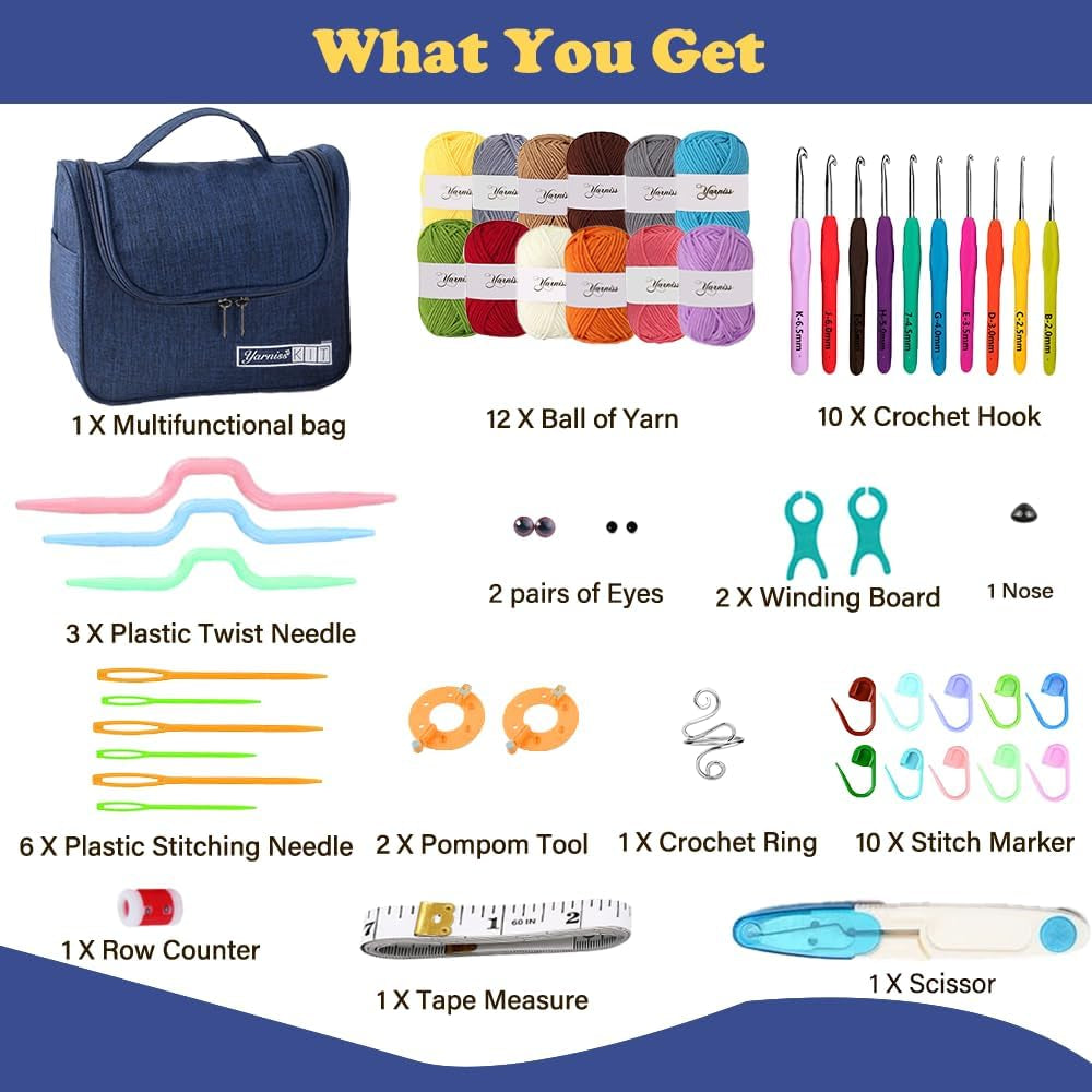 Knitiss Crochet Kits for Beginners Adults, All in One Crochet Crochet Starter Kit with 840 Yards Crochet Yarn, 10 Size Ergonomic Crochet Hooks 2.0Mm~6.5Mm
