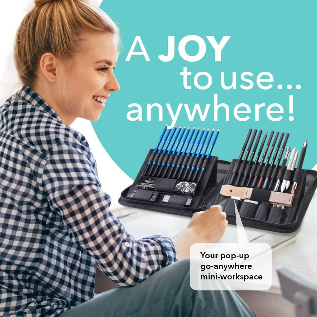 Castle Art Supplies 40 Piece Sketching and Drawing Set for Adults Artists | Presented in Sturdy Zipper Case with Pop-Up Feature | Quality Range of Sketch Pencils and More