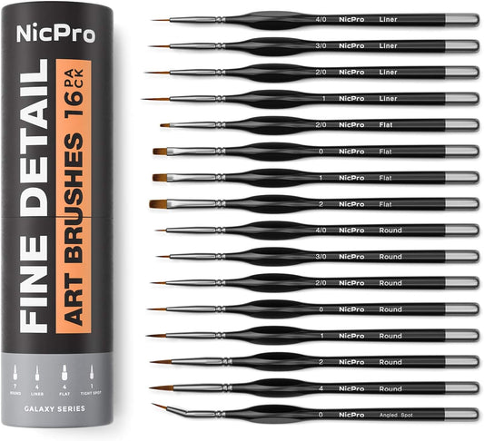 Nicpro 16PCS Miniature Paint Brushes, Model Paint Paint Brushes Micro Detail Paint Brush Set Fine Detailing for Watercolour Oil Acrylic, Paint by Number, Figurine - with Container