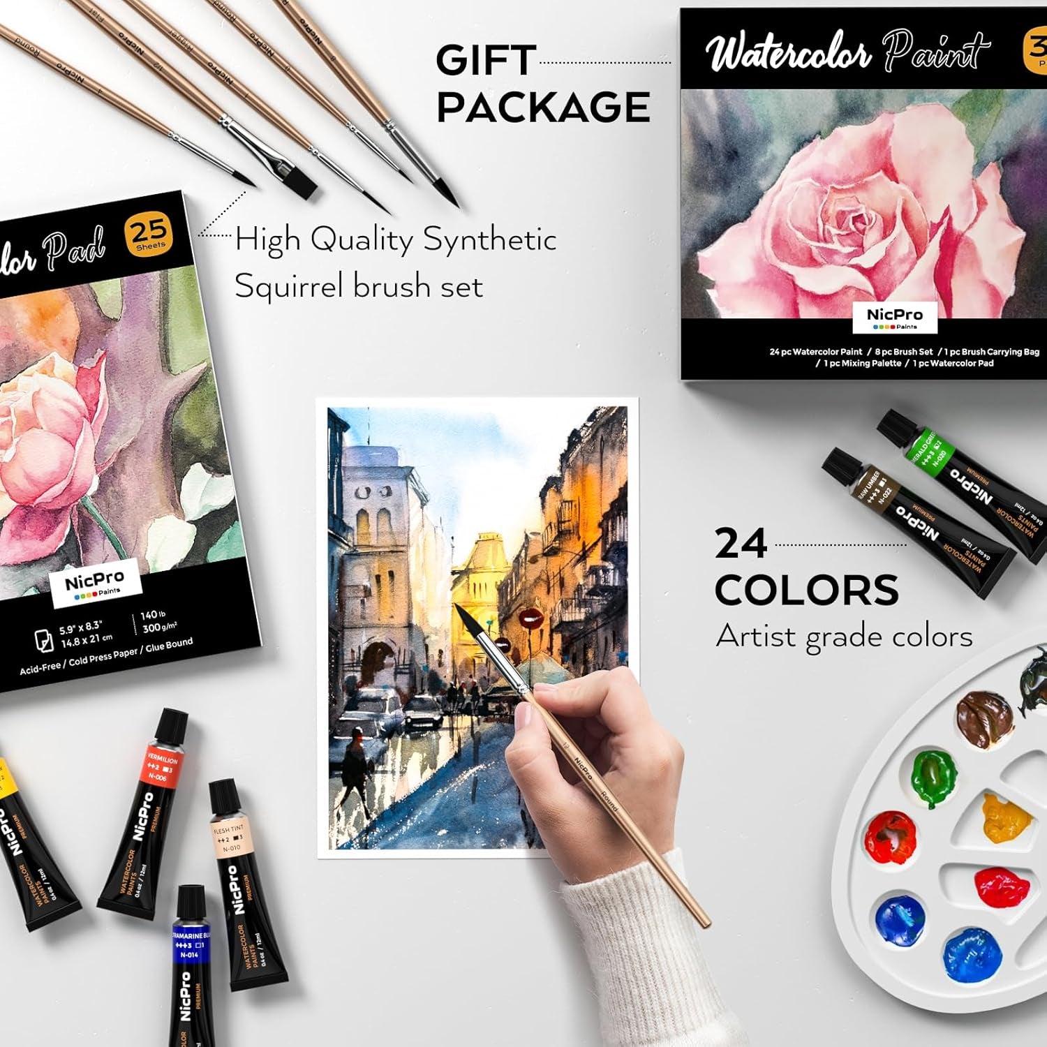 Nicpro Watercolour Paint Kit, Professional Painting Supplies Set 24 Tube Water Color Paints, 8 Synthetic Squirrel Brushes, 25 Paper Pad, Palette, Color Wheel for Artists, Beginners, Kids, Adults