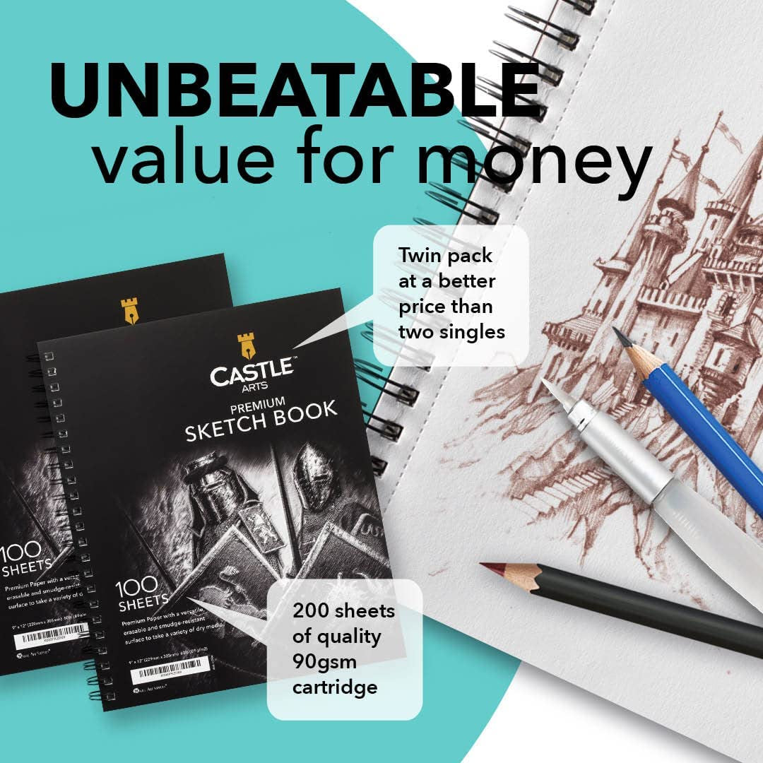 Castle Art Supplies Premium Sketch Books 9In X 12In | Double Sketch Pad Pack | 200 Sheets of Quality 90Gsm Paper | for Adult Artists and Learners | Spiral Bound for Versatility
