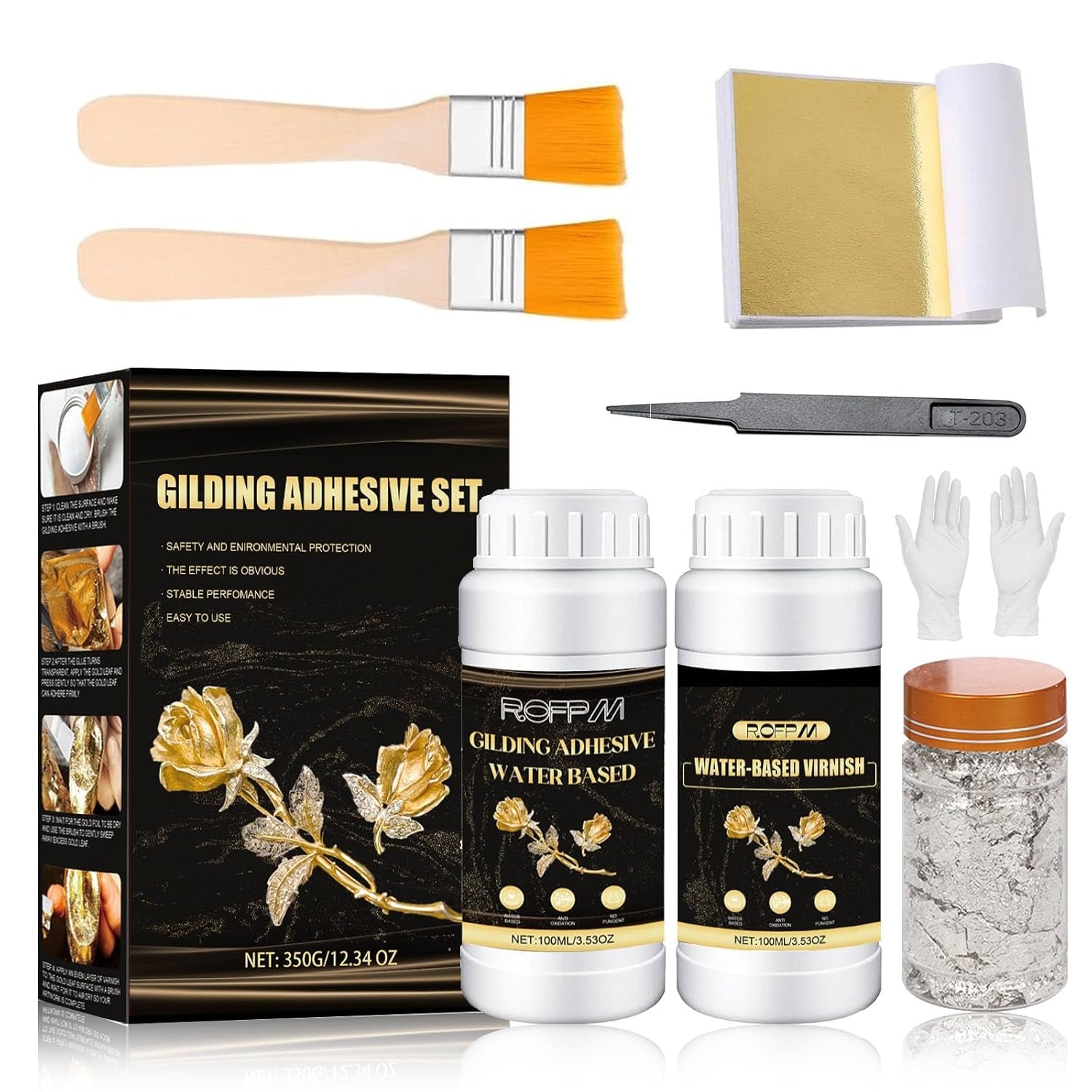 ROFPM Gold Leaf Adhesive Set, Water-Based Gilding Adhesive, 100Ml, 100 Gold Foil Transfer Sheets, 2G Silver Leaf, Craft, Home Decor, Art