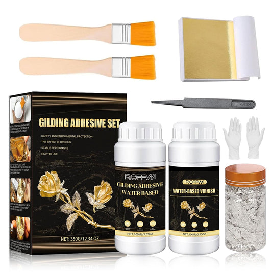 ROFPM Gold Leaf Adhesive Set, Water-Based Gilding Adhesive, 100Ml, 100 Gold Foil Transfer Sheets, 2G Silver Leaf, Craft, Home Decor, Art