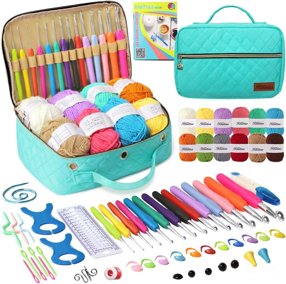 Knitiss Crochet Kits for Beginners Adults, All-Inclusive Crochet Kit for Adults with 14 Size Ergonomic Crochet Hooks,12 Crochet Yarns Balls & Crochet Bag
