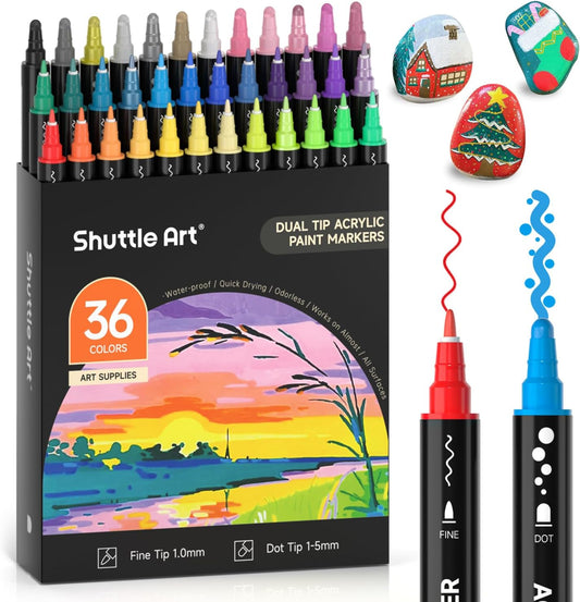 Shuttle Art 36-Colour Acrylic Paint Pen Set – Dual Tip Markers for Art & Crafting