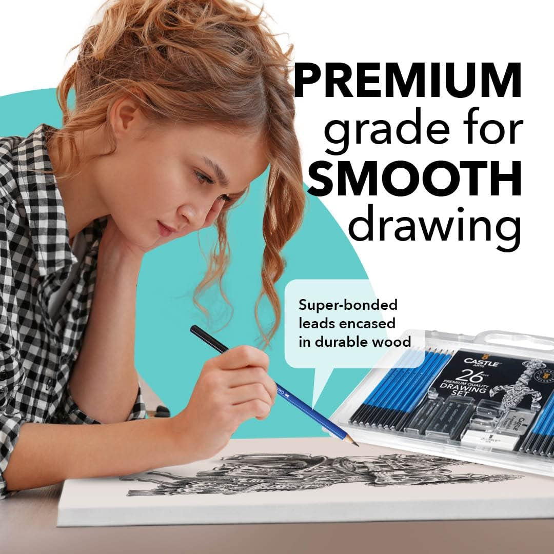 Castle Art Supplies 26 Piece Premium Drawing and Sketching Set | for Artists, Professionals or Beginners | Pencils, Charcoal, Graphite and More | Arranged in Carry-Anywhere Clamshell Case