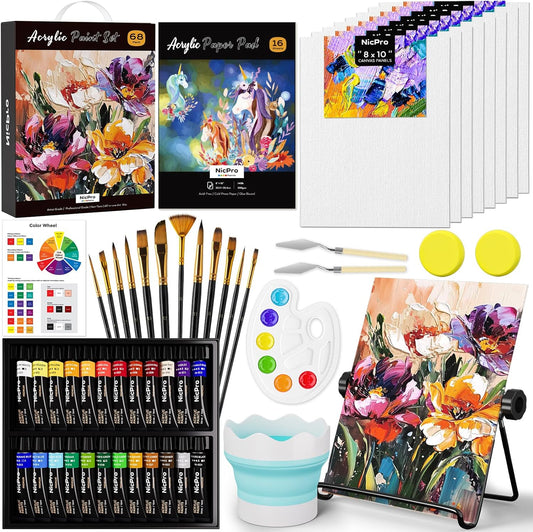 Nicpro 68PCS Acrylic Paint Canvas Set for Adults & Kids, Art Painting Supplies Kit with 24 Paints,Table Easel,8 Canvas Panels,12 Brushes,Paper Pad,Cleaning Cup,Sponge,Palette for Artist Beginner