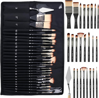 Nicpro 26Pcs Paint Brush Set, Professional Paintbrushes with Palette Knife, Cloth Roll, Artist Paint Brushes for Acrylic Canvas Painting, Oil, Watercolour Gouache, Adults Art Supplies Painting Tools