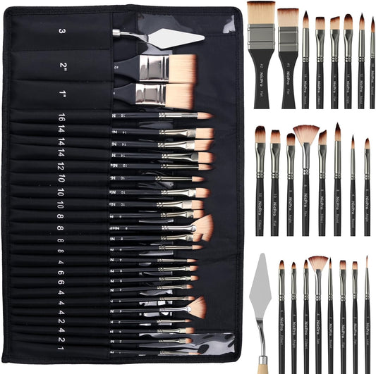 Nicpro 26Pcs Paint Brush Set, Professional Paintbrushes with Palette Knife, Cloth Roll, Artist Paint Brushes for Acrylic Canvas Painting, Oil, Watercolour Gouache, Adults Art Supplies Painting Tools