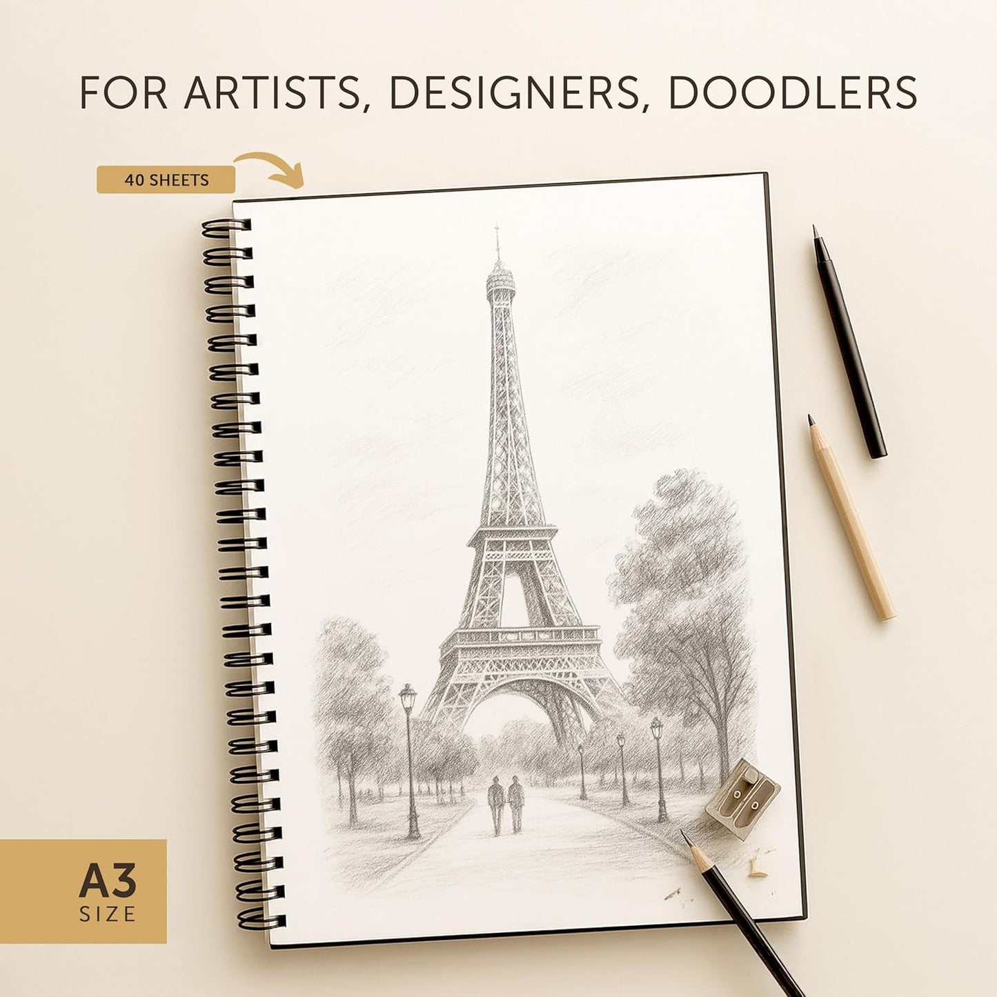 A3 Sketchbook for Artists Hardcover – 200GSM Very Thick Paper – Large Sketch Pad Art Book, Spiral Bound Sketch Book for Artists and Children – Drawing Book 29X42Cm, 40 Sheets / 80 Pages