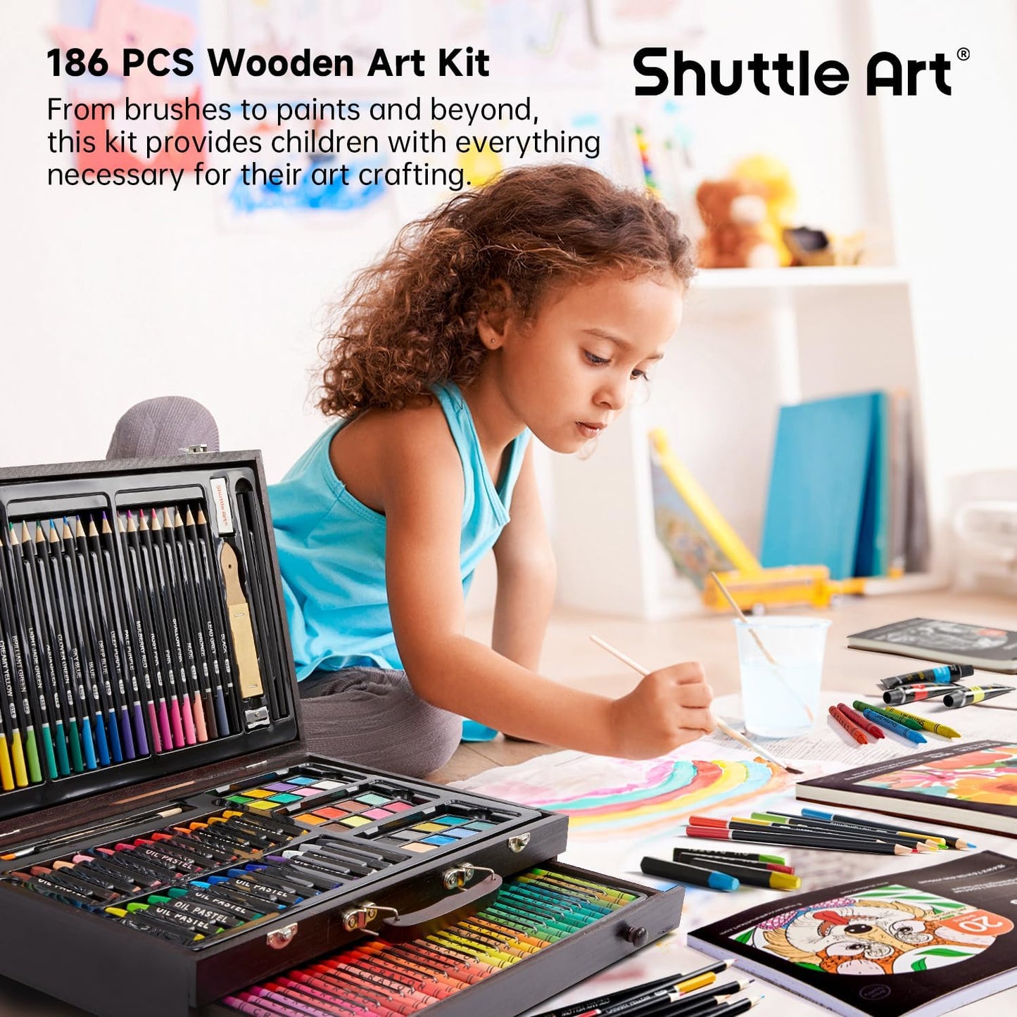 Shuttle Art 186-Piece Professional Wooden Art Set – Complete Drawing & Painting Kit