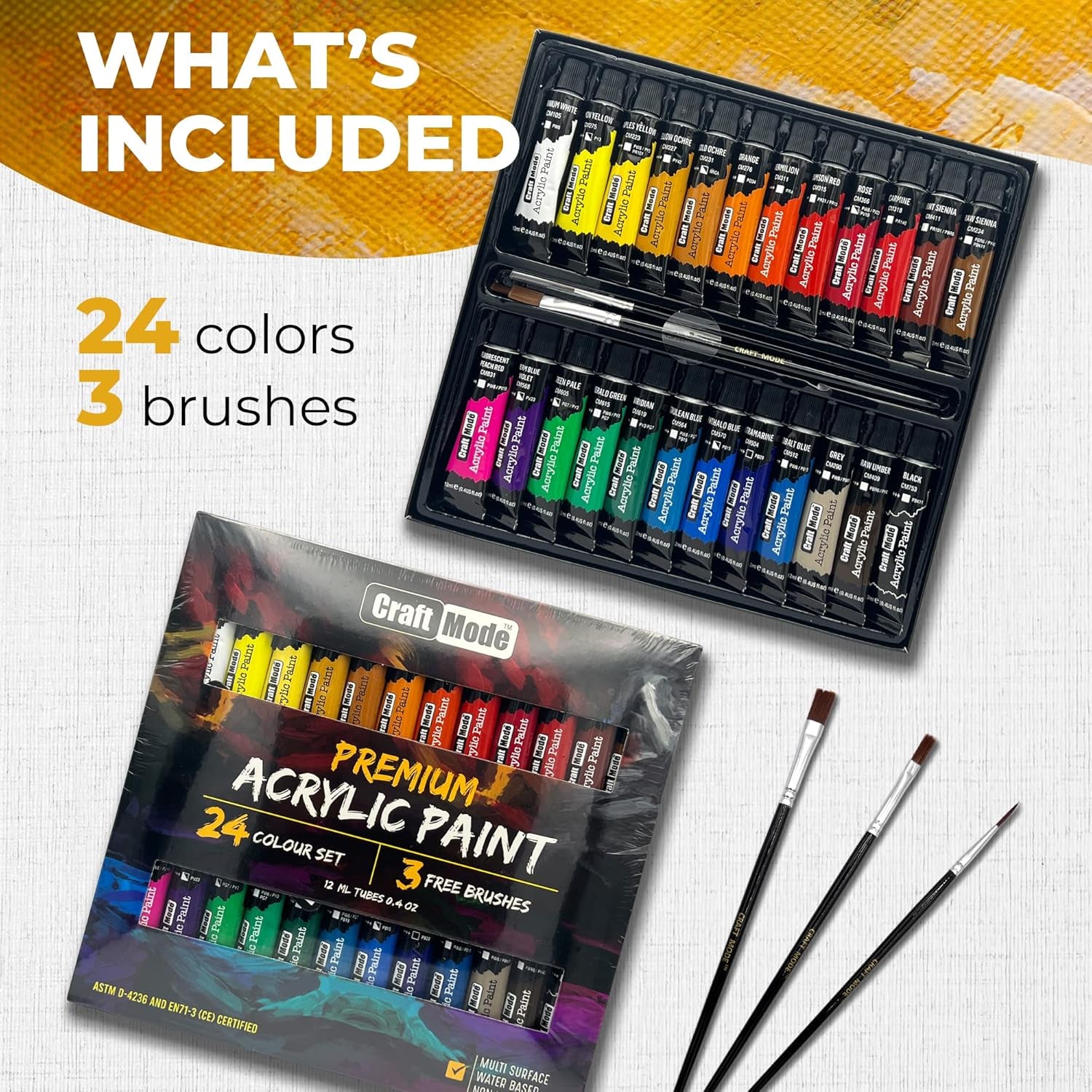Craft Mode Acrylic Paint Set 24 12Ml Perfect for Canvas, Wood, Ceramic, Rock, Fabric & Crafts. Non-Toxic, Quick Dry Vibrant Colours. Beginners, Students and Professionals