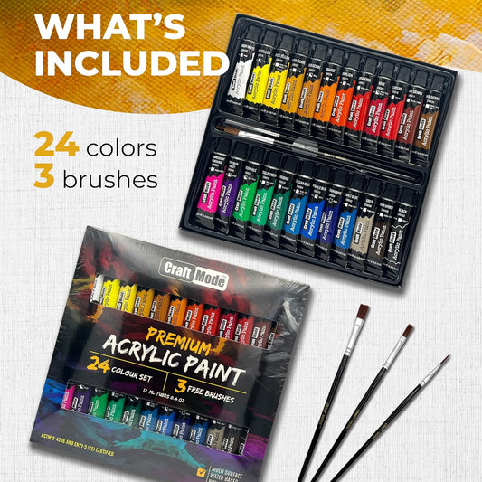 Craft Mode Acrylic Paint Set 24 12Ml Perfect for Canvas, Wood, Ceramic, Rock, Fabric & Crafts. Non-Toxic, Quick Dry Vibrant Colours. Beginners, Students and Professionals