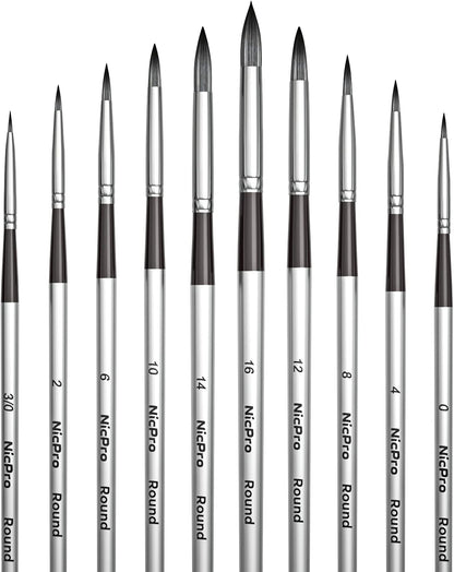 Nicpro 10 PCS Watercolour Paint Brushes, round Tip Artist Painting Brush Set for Water Color, Acrylic Oil, Gouache, Ink, Detail, Rock, by Number Model Art Paintbrush