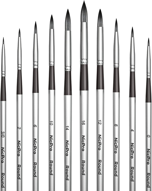 Nicpro 10 PCS Watercolour Paint Brushes, round Tip Artist Painting Brush Set for Water Color, Acrylic Oil, Gouache, Ink, Detail, Rock, by Number Model Art Paintbrush