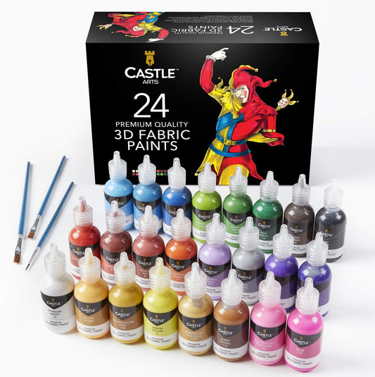 Castle Art Supplies 3D Fabric Paint Set | 24 Quality Vibrant Colours in 29Ml Bottles | for Artists; for Crafters; for Fun | Clothing, Textile, Canvas, Glass, Wood, Shoes | in Strong Selection Box