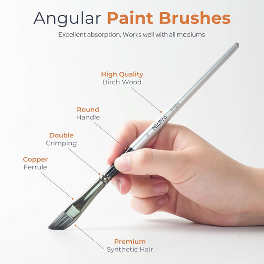 Nicpro 10 PCS Angular Paint Brush Set, Soft Anti-Shedding Nylon Hair Long Handle Angled Paint Brushes, Suitable for Artists and Beginners for Watercolour, Acrylics, Ink, Gouache, Oil, Tempera