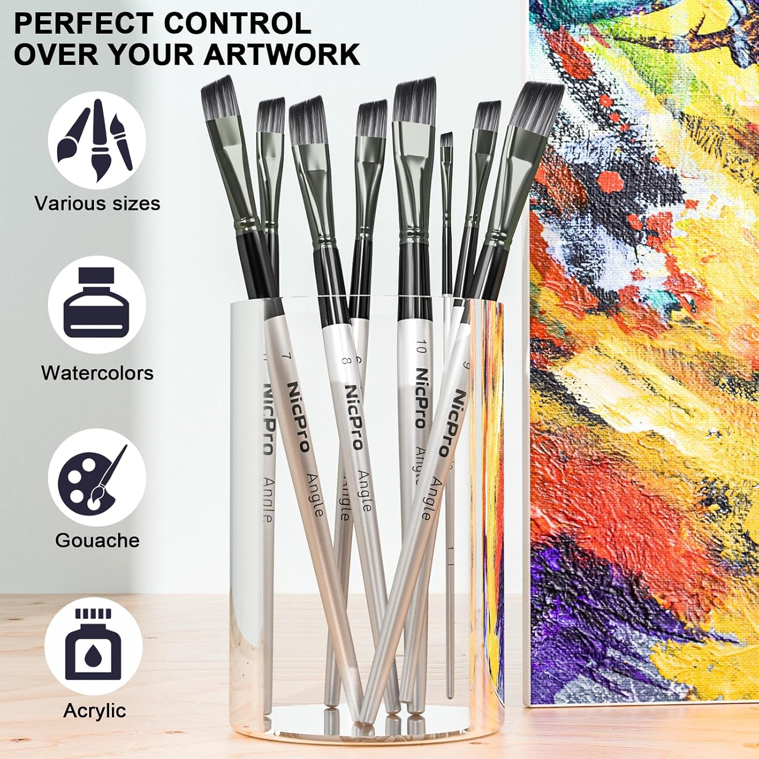 Nicpro 10 PCS Angular Paint Brush Set, Soft Anti-Shedding Nylon Hair Long Handle Angled Paint Brushes, Suitable for Artists and Beginners for Watercolour, Acrylics, Ink, Gouache, Oil, Tempera