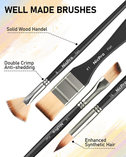 Nicpro 26Pcs Paint Brush Set, Professional Paintbrushes with Palette Knife, Cloth Roll, Artist Paint Brushes for Acrylic Canvas Painting, Oil, Watercolour Gouache, Adults Art Supplies Painting Tools