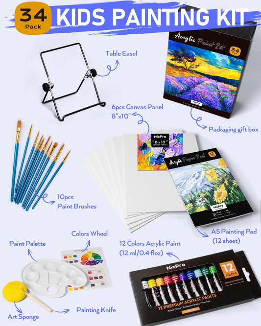 Nicpro Kids Paint Set, 34PCS Painting Supplies Kit Non Toxic,12 Colors Acrylic Paint, Table Easel, 6 Canvas Panels, 10 Brushes, Paper Pad, Sponge, Color Wheel, Palette for Adult Toddlers Beginner
