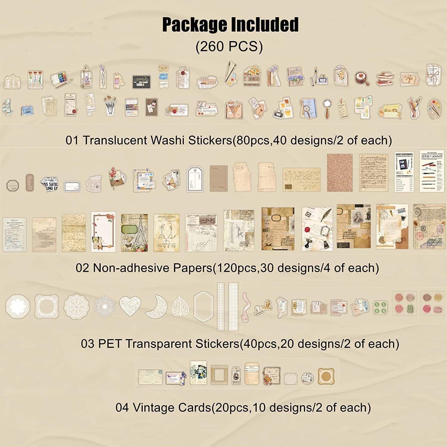 Vintage Scrapbook Sticker & Paper Set – 260-Piece