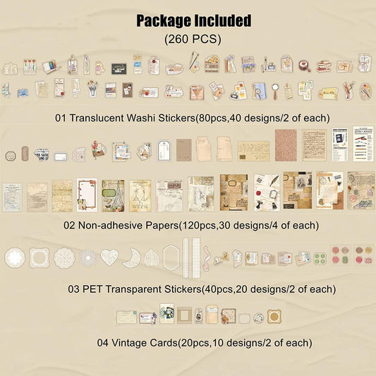 Vintage Scrapbook Sticker & Paper Set – 260-Piece