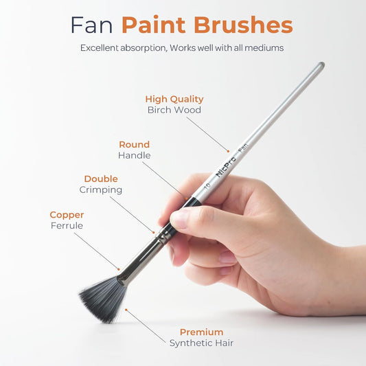 Nicpro 10 PCS Fan Paint Brushes, Artist Painting Brush Set Soft Anti-Shedding Nylon Hair Wood Short Handle for Acrylic Watercolor Oil Painting