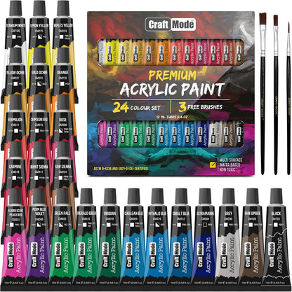 Craft Mode Acrylic Paint Set 24 12Ml Perfect for Canvas, Wood, Ceramic, Rock, Fabric & Crafts. Non-Toxic, Quick Dry Vibrant Colours. Beginners, Students and Professionals