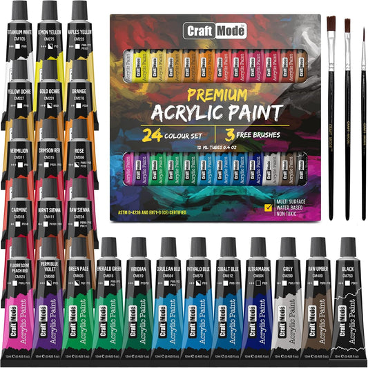 Craft Mode Acrylic Paint Set 24 12Ml Perfect for Canvas, Wood, Ceramic, Rock, Fabric & Crafts. Non-Toxic, Quick Dry Vibrant Colours. Beginners, Students and Professionals