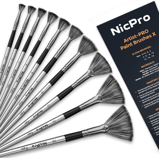 Nicpro 10 PCS Fan Paint Brushes, Artist Painting Brush Set Soft Anti-Shedding Nylon Hair Wood Short Handle for Acrylic Watercolor Oil Painting
