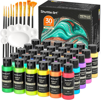 Shuttle Art 20-Colour Metallic Acrylic Paint Set + Brushes & Palette