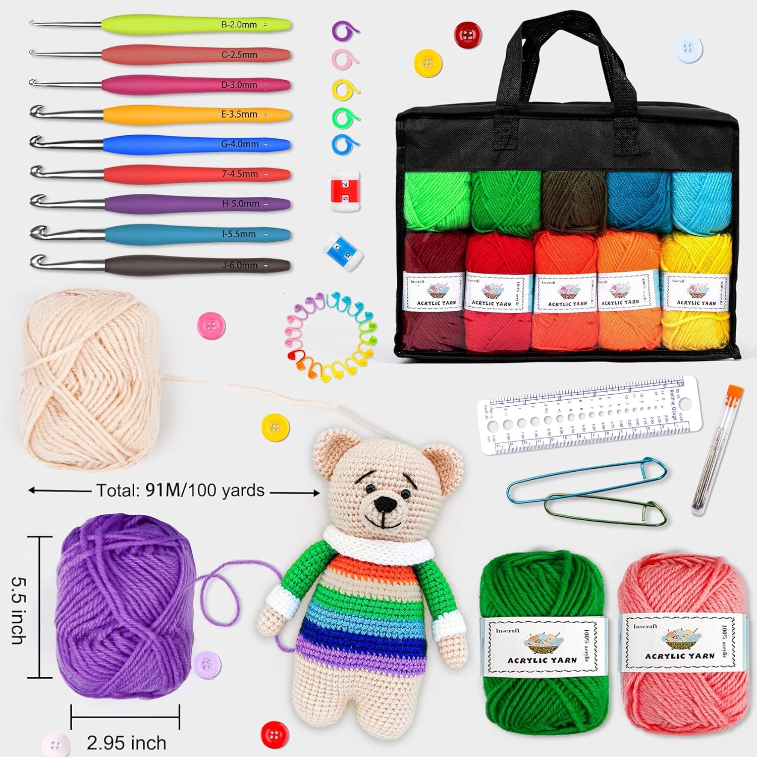 INSCRAFT 20-Color Crochet Yarn Kit – Complete Set for Beginners & Experts