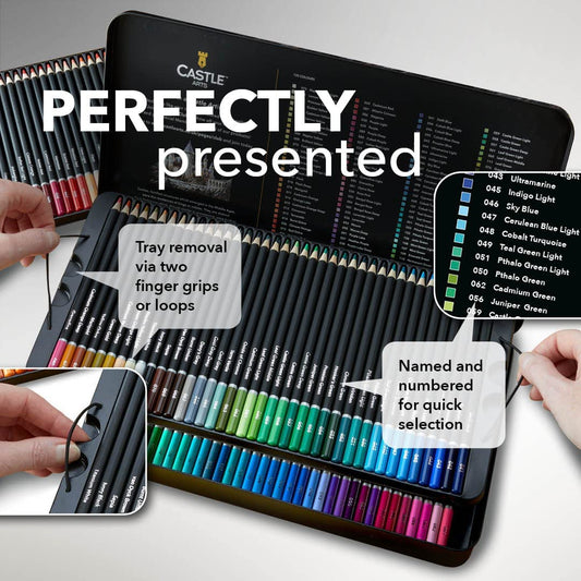 Castle Art Supplies 120 Colouring Pencils Set | Quality Soft Core Coloured Pencils for Adult Artists, Professionals and Colourists | Protected and Organised in Presentation Tin Box
