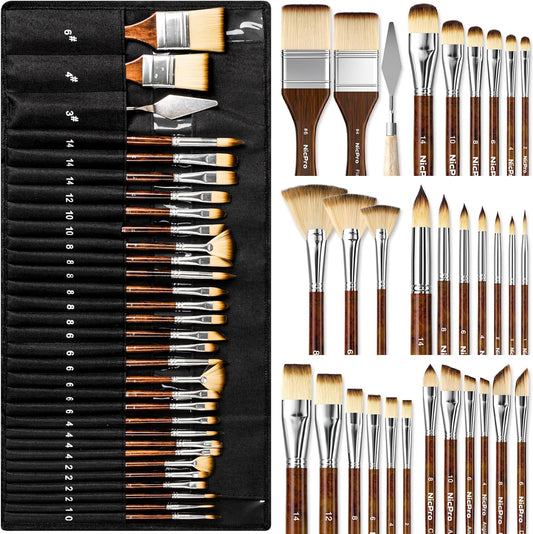 Nicpro 30Pcs Paint Brush Set, Professional Paintbrushes with Palette Knife and Cloth Roll, Craft Paint Brushes for Acrylic Painting, Oil, Watercolour, Gouache, Art Supplies for Artists and Beginners