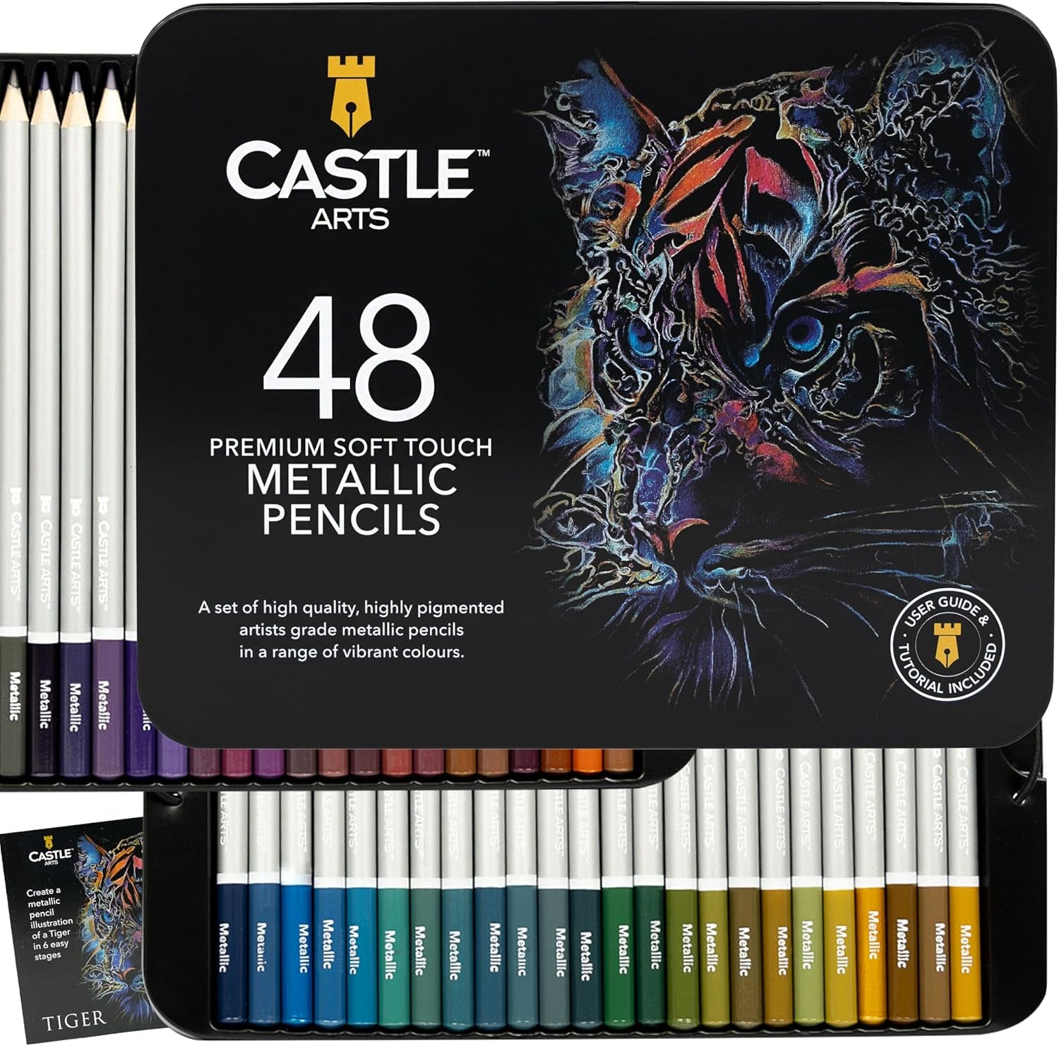 Castle Art Supplies Metallic Pencils Set | 48 Shimmering Shades with Premium Quality Wax Cores for Professional, Adult Artists and Colourists | Protected and Organised in Presentation Tin Box