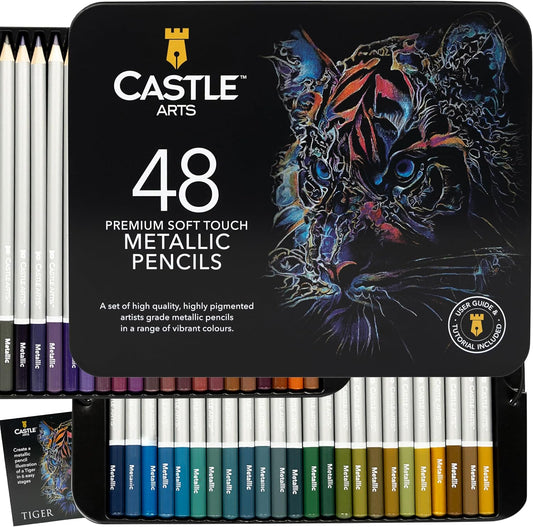 Castle Art Supplies Metallic Pencils Set | 48 Shimmering Shades with Premium Quality Wax Cores for Professional, Adult Artists and Colourists | Protected and Organised in Presentation Tin Box