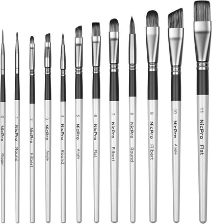 Nicpro 12 PCS Artist Paint Brush Set, Craft Paint Brushes for Acrylic Painting, Oil, Watercolour, Gouache, Tempera, Face, Body, Fabric, Leather, Model, Art Supplies Paintbrushes for Artists Beginners