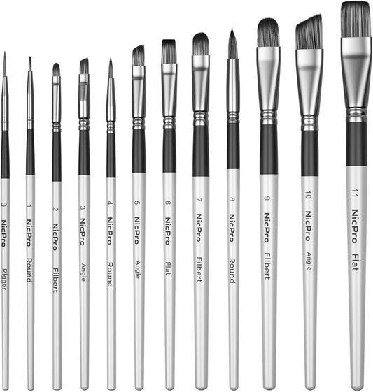 Nicpro 12 PCS Artist Paint Brush Set, Craft Paint Brushes for Acrylic Painting, Oil, Watercolour, Gouache, Tempera, Face, Body, Fabric, Leather, Model, Art Supplies Paintbrushes for Artists Beginners