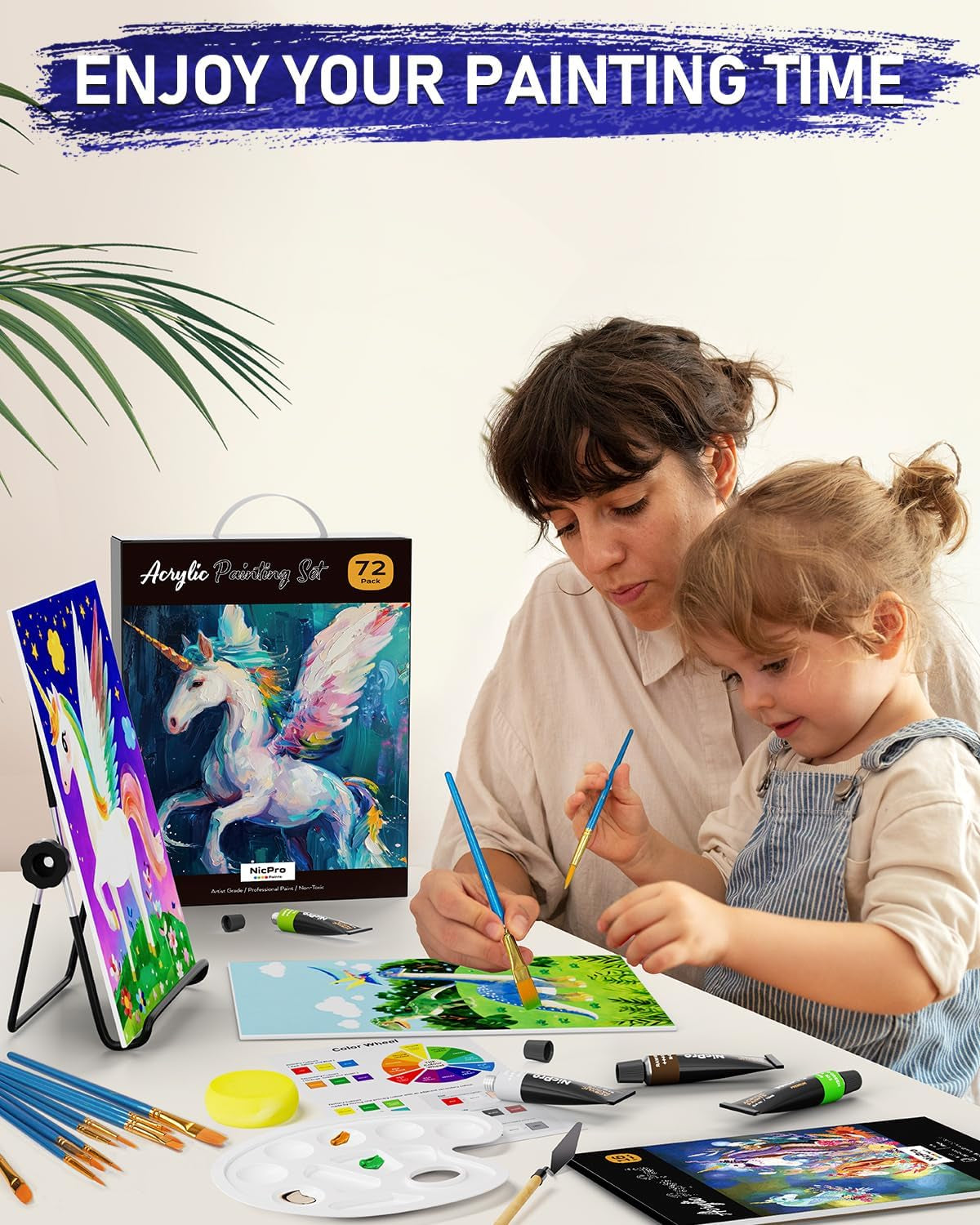 Nicpro 72PCS Kids Painting Set with Pattern Canvas, Art Painting Supplies Kit with 24 Acrylic Paints,10 Brushes, 8 Canvas Panels,Table Easel,Paper Pad,Color Wheel,Palette for Beginner Student Toddlers