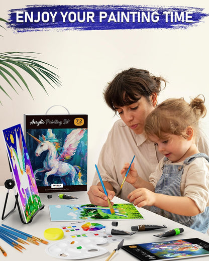 Nicpro 72PCS Kids Painting Set with Pattern Canvas, Art Painting Supplies Kit with 24 Acrylic Paints,10 Brushes, 8 Canvas Panels,Table Easel,Paper Pad,Color Wheel,Palette for Beginner Student Toddlers