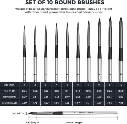 Nicpro 10 PCS Watercolour Paint Brushes, round Tip Artist Painting Brush Set for Water Color, Acrylic Oil, Gouache, Ink, Detail, Rock, by Number Model Art Paintbrush