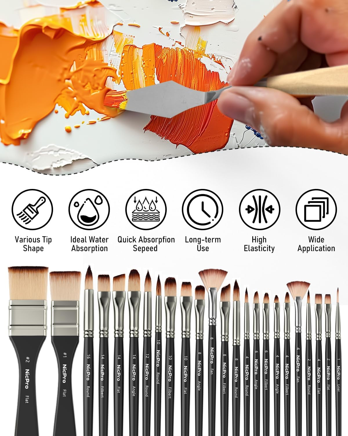 Nicpro 26Pcs Paint Brush Set, Professional Paintbrushes with Palette Knife, Cloth Roll, Artist Paint Brushes for Acrylic Canvas Painting, Oil, Watercolour Gouache, Adults Art Supplies Painting Tools