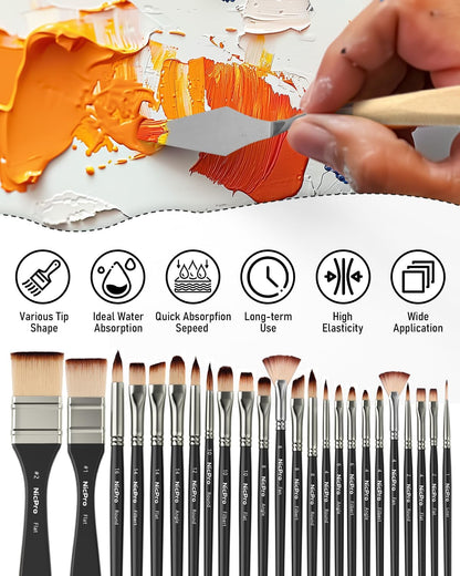 Nicpro 26Pcs Paint Brush Set, Professional Paintbrushes with Palette Knife, Cloth Roll, Artist Paint Brushes for Acrylic Canvas Painting, Oil, Watercolour Gouache, Adults Art Supplies Painting Tools
